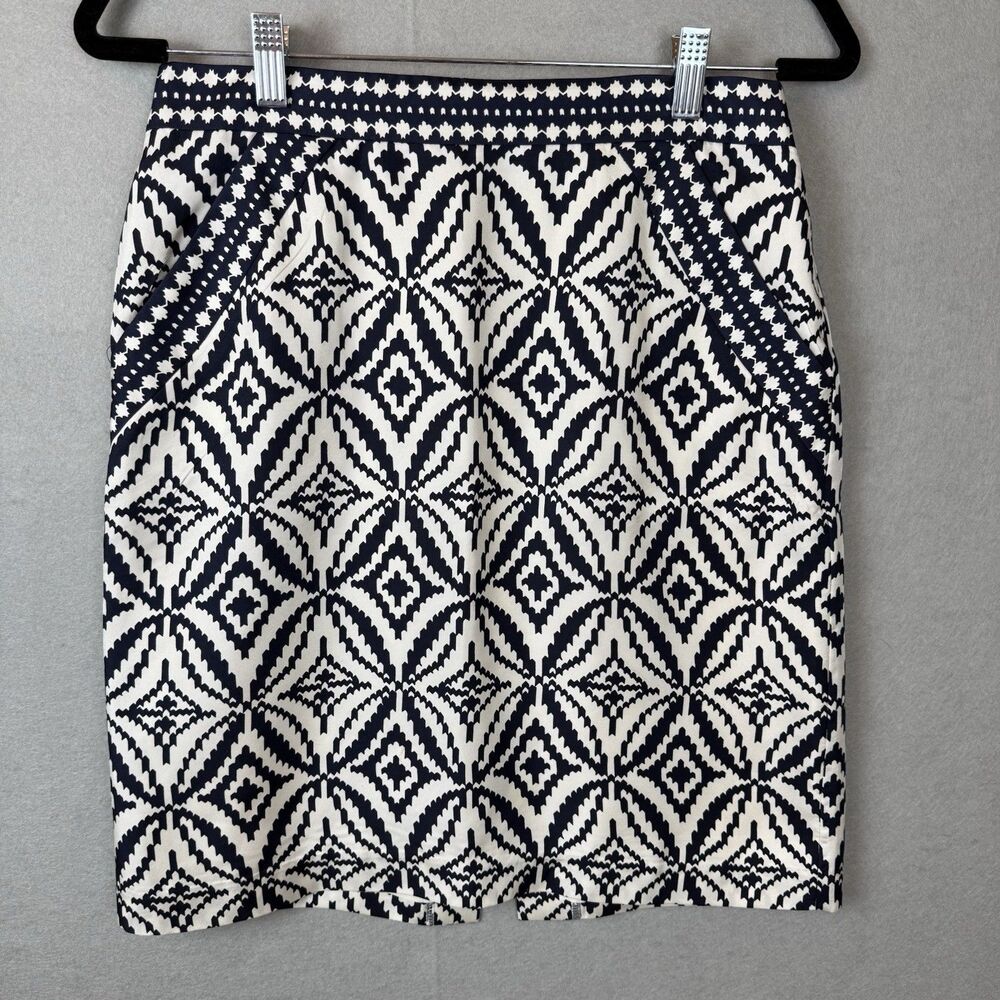 Milly of New York Navy White Silk Geometric Ikat Print Skirt Preppy Career Sz 8